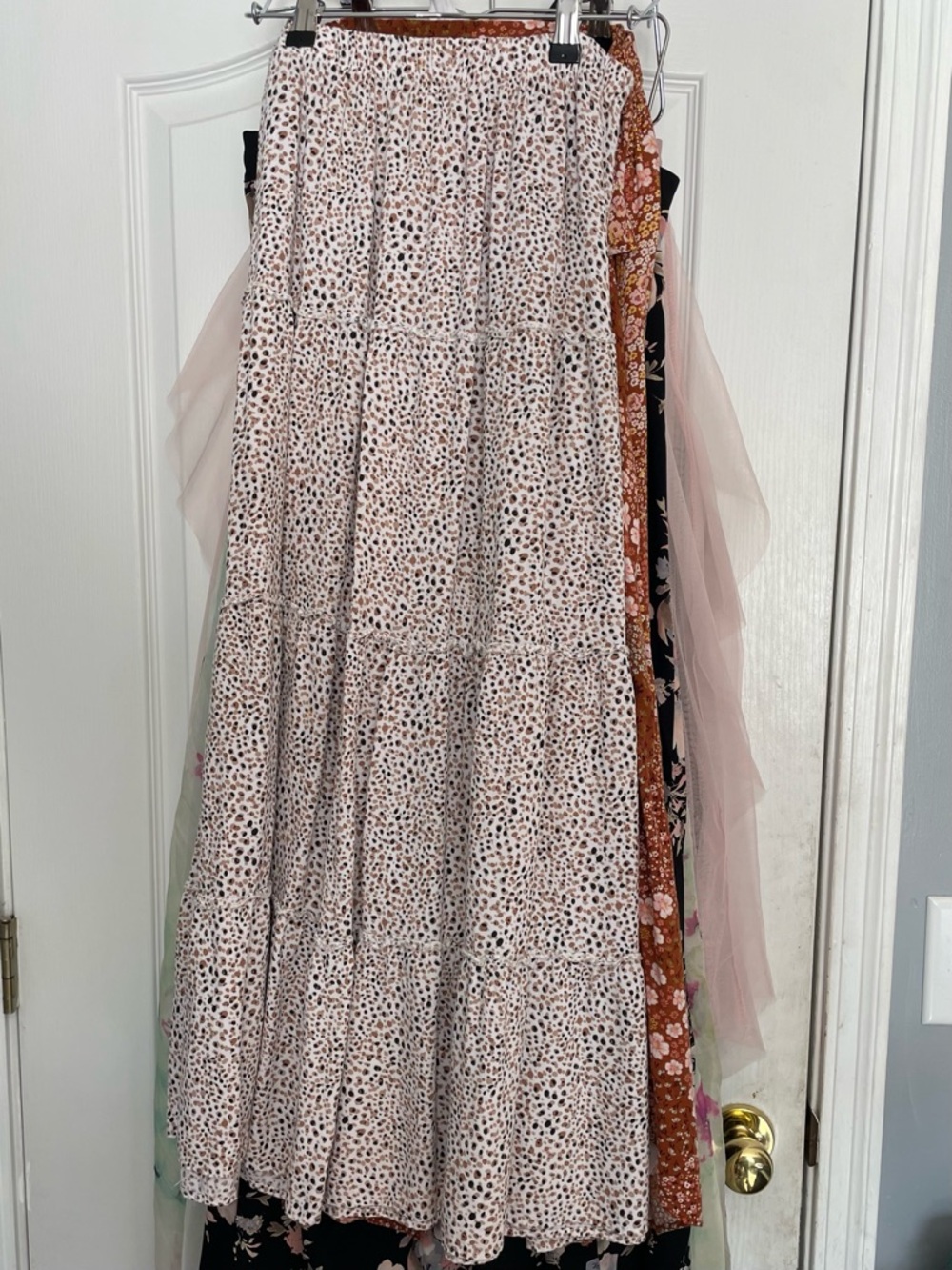 Japna White and Brown Tiered Printed Maxi Skirt